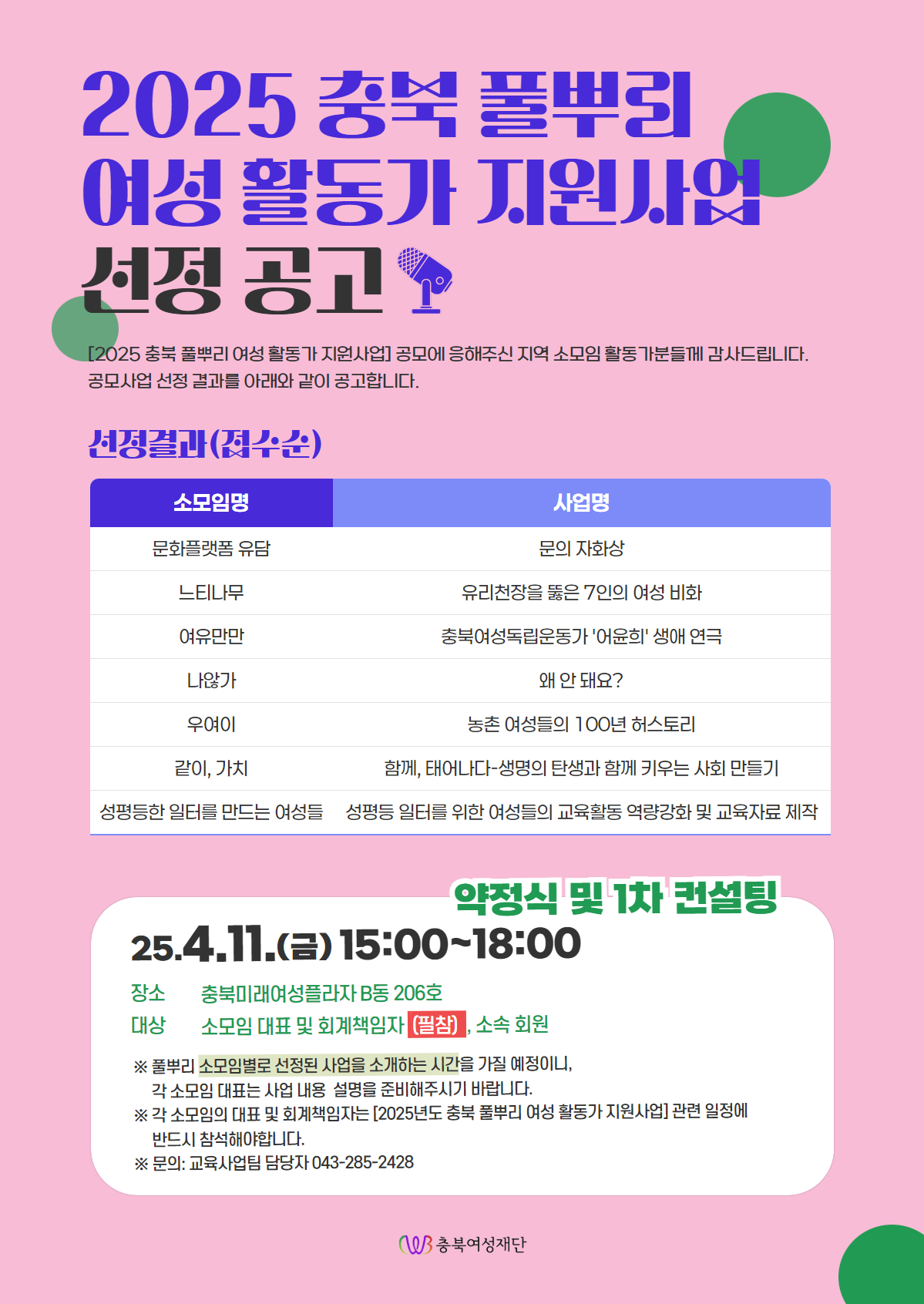2025 충북 풀뿌리 여성 활동가 지원사업 선정결과 공고 [첨부 이미지1]